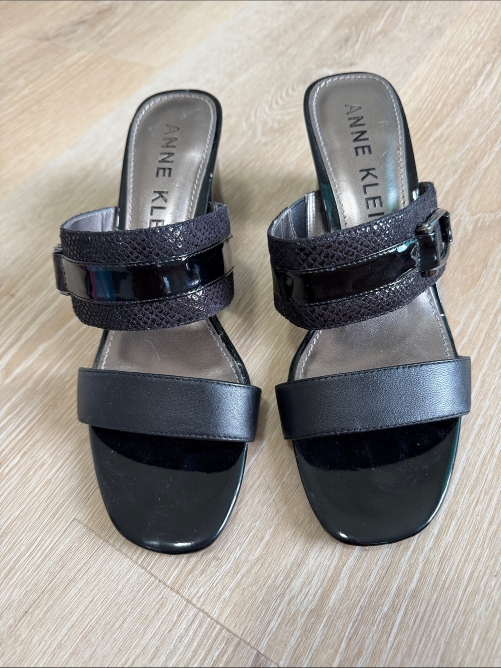 Anne Klein Black Patent & Leather Two-Strap Slide Mules